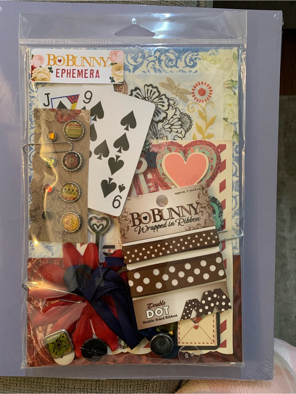 BoBunny Ephemera & Ribbon Craft Pack - Floral Hearts & Polka Dot Brown Ribbons